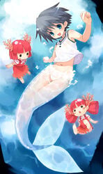 3girls black_hair blue_eyes blush character_request female female_only kito_(coyo) lowleg lowleg_panties mermaid monster_girl multiple_girls navel original panties red_hair see-through short_hair sleeveless sleeveless_shirt smile underwater underwear white_panties