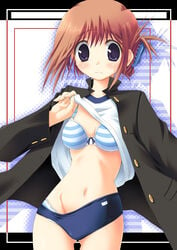 blush bra buruma clothing gakuran gym_uniform hair_ornament komaki_manaka kouzuki_hajime lingerie open_clothes open_jacket panties school_uniform serafuku solo striped striped_bra striped_panties sweatdrop to_heart_(series) to_heart_2 underwear undressing