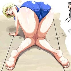 ass barefoot bent_over big_ass color directional_arrow erstin_ho feet huge_ass legs looking_back mai_otome my-otome nigou oekaki one-piece_swimsuit soles solo swimsuit thighs toes top-down_bottom-up trefoil triple_break wet