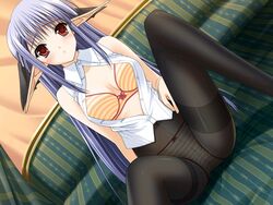 blue_hair blush game_cg lingerie long_hair nerine open_clothes open_shirt panties panties_under_pantyhose pantyhose pointy_ears red_eyes shirt shuffle shuffle! solo striped striped_panties suzuhira_hiro underwear