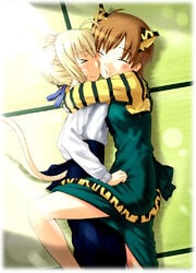 animal_ears artoria_pendragon blouse cat_ears fate/stay_night fate_(series) fujimura_taiga hug jas tail