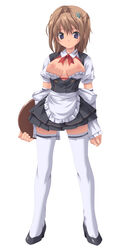 brown_hair errors highres koku no_bra puffy_nipples purple_eyes thighhighs topless waitress zettai_ryouiki