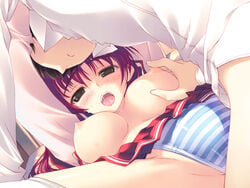 1girls amazuyu_tatsuki blue_panties blush breast_grab breasts brown_eyes clothing faceless_male female game_cg kouno_takaaki kousaka_tamaki large_breasts long_hair nipple_tweak nipples open_clothes open_shirt panties red_hair school_uniform serafuku shirt skirt solo striped striped_panties thighhighs to_heart_(series) to_heart_2 to_heart_2_xrated underwear