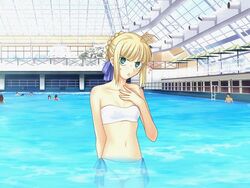 artoria_pendragon bikini blonde_hair fate/hollow_ataraxia fate_(series) game_cg green_eyes pool saber solo swimsuit takeuchi_takashi