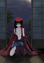 1girls bare_shoulders blood female flat_chest japanese_clothes kimono kneeling long_hair moon night open_kimono red_eyes red_hair solo tohno_akiha toono_akiha tree tsukihime type-moon undressing very_long_hair