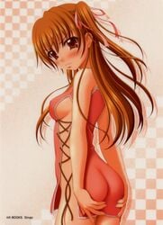 ass bare_shoulders blush breasts brown_eyes china_dress chinadress chinese_clothes embarrassed erect_nipples hair_ribbon highres no_panties orange_hair red_hair ribbon sideboob sin-go tears