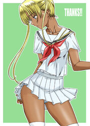 blonde_hair blue_eyess bow dark-skinned_female dark_skin gunslinger_girl gyaru hanzaki_jiro hanzaki_jirou miniskirt panties pantyshot pantyshot_(standing) pleated_skirt school_uniform seifuku serafuku skirt solo standing thighhighs triela_(gunslinger_girl) underwear white_legwear white_panties white_thighhighs