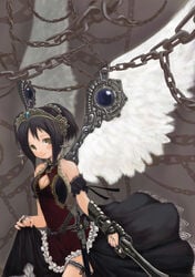 angel_wings black blush brown_hair chains mikazukimo ponytail smile sword tied_hair weapon wings