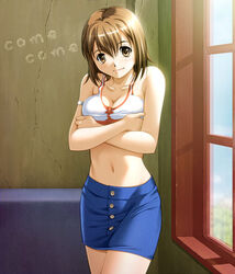 1girls armband bare_shoulders blush breast_hold breasts brown_eyes brown_hair cleavage elie female groove_adventure_rave macha_(come-come) midriff miniskirt rave rave_master short_hair skirt solo tank_top window