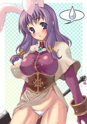 1girls acolyte acolyte_(ragnarok_online) animal_ear blue_eyes blue_hair breasts bunny_ear cameltoe dress dress_lift female kyogoku_shin kyougoku_shin large_breasts lowleg lowleg_panties mace mound_of_venus panties poring ragnarok_online solo standing underwear weapon white_panties