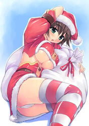 amei_sumeru ass breasts brown_hair christmas erect_nipples green_eyes hat jacket large_breasts lying on_side original panties santa_costume santa_hat short_hair skirt striped striped_legwear striped_thighhighs thighhighs underboob underwear white_panties