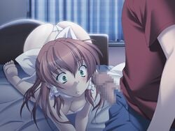 ass bed blush breasts brown_hair censored cleavage cosplay_fetish_academy game_cg green_eyes imminent_fellatio imminent_oral kazuma_muramasa mikage_yuuki panties penis penis_awe seiai_gakuen_fechi_ka shocked solo surprised underwear