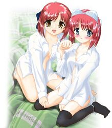 00s footwear hisui hisui_(tsukihime) kneehighs kohaku kohaku_(tsukihime) maid open_clothes open_shirt red_hair shirt siblings socks tsukihime twins type-moon