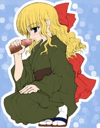 blonde_hair blue_eyes bow cum cum_in_mouth fellatio footwear hairbow handjob japanese_clothes kimono oral original penis sandals socks tololi tongue