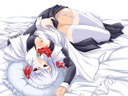 akimoto_dai bed bend blue_hair blush bow bow_panties brooch dress erect_nipples jewelry kotonomiya_yuki lace lace-trimmed_thighhighs lying maid no_bra no_panties open_clothes open_shirt panties pillow red_eyes shirt short_hair side-tie_panties skirt skirt_lift solo suigetsu thighhighs underwear white_legwear white_panties white_thighhighs zettai_ryouiki