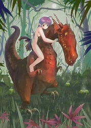 breasts color dragon elf fantasy female hug jungle long_hair nature nude original pointy_ears red_eyes riding yurikuta_tsukumi