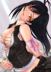 black_hair blush breasts cleavage female female_only final_fantasy final_fantasy_vii final_fantasy_vii_advent_children head_tilt human long_hair midriff mikazuki_akira no_bra orange_eyes ribbon smile solo straight_hair tifa_lockhart unzipped zipper