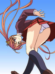 1girls ass bell bent_over black_legwear black_socks blazer blush clothing color female female_only footwear heterochromia kagurazaka_asuna mahou_sensei_negima mahou_sensei_negima! masakichi_(crossroad) panties pantyshot plaid plaid_skirt pleated_skirt school_uniform shoes skirt skirt_lift socks solo tartan tied_hair twintails underwear walking white_panties