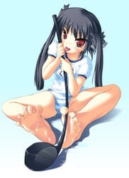 barefoot between_toes black_hair blue_panties bottomless bow cum feet golf golf_club gym_uniform hair_ribbon hairbow kooh long_hair naughty_face no_pants pangya panties red_eyes ribbon safi sitting soles solo striped striped_panties tied_hair toe_spread toes twintails underwear