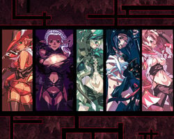 5girls ass bandage bandages breasts cleavage column_lineup dark_knight elf elvaan female female_only final_fantasy final_fantasy_xi garter_belt hume mage magic mithra multiple_girls nipple_slip nipples open_clothes open_shirt pointy_ears pubic_hair ranger red_mage samurai shirt square_enix sword takemura_sesshuu thighhighs wallpaper weapon white_mage