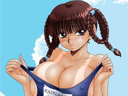 4:3 breasts cleavage dead_or_alive dead_or_alive_xtreme_beach_volleyball female female_only human lei_fang mr._b name_tag one-piece_swimsuit school_swimsuit solo swimsuit tan tanline wallpaper