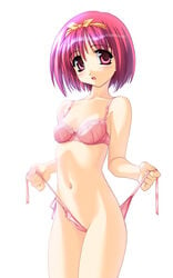 1girls blush bra breasts cleavage cute female flat_chest hair_ribbon kamigishi_akari lingerie navel norizou_type-r panties pink pink_eyes pink_hair pink_panties ribbon short_hair side-tie_panties small_breasts solo standing to_heart to_heart_(series) underwear undressing untied