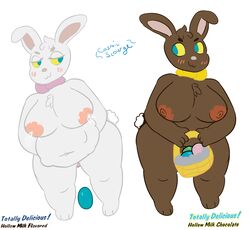 2018 anthro areola basket belly big_areola big_belly big_breasts blue_eyes blush breasts candy chocolate cosmicscourge cute duo easter easter_egg egg egg_laying english_text female food fur holidays inflation lactation lagomorph mammal nude obese overweight overweight_female palmer plump_labia pussy rabbit shortstack simple_background slightly_chubby standing text thick_thighs voluptuous wide_hips yellow_sclera