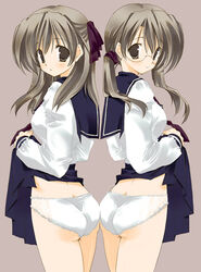 2girls ass ass_to_ass back-to-back back_to_back blush bow duo female female_only frilled_panties frills glasses grey_eyes hairbow human looking_back multiple_girls original panties pleated_skirt school_uniform seifuku serafuku siblings silver_hair sisters skirt skirt_lift standing takanae_kyourin tied_hair twins twintails underwear white_panties