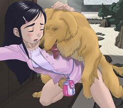 blush bottomless canine chutaro closed_eyes clothed_sex clothing doggy_style from_behind futari_wa_precure futari_wa_pretty_cure hairclip jukan_a_no_3 long_hair no_panties open_mouth precure pretty_cure purple_hair sex yoshino_momiji yukishiro_honoka zoophilia