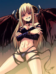 abs blonde_hair bosshi bracelet collar cute demon_girl demon_tail evil_grin grin hair horns jewelry long_hair navel original panties pentacle pointy_ears red_eyes smile smirk solo succubus tail underwear wings