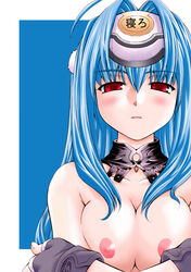 1girls blue_hair blush breasts collar female gloves kos-mos long_hair nakajima_rei nipples nude red_eyes solo xenosaga