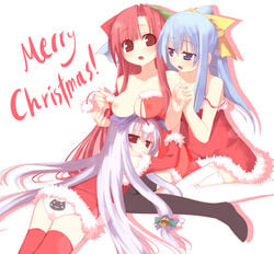 3.1-tan 3girls 95-tan ass bell black_legwear black_thighhighs blue_eyes blue_hair blush bow bows breast_rest breasts breasts_on_head brown_eyes brown_hair cat_print cathead christmas dress feline female female_only hairbow kashiwamochi_yomogi long_hair looking_back lying microsoft microsoft_windows multiple_girls nt-tan on_stomach open_clothes open_dress open_shirt os-tan panties pink_panties ponytail print_panties santa_costume see-through shirt sitting strap_slip text thighhighs tied_hair underwear very_long_hair white_legwear white_thighhighs windows_3.1 windows_95 windows_nt