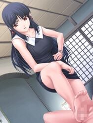 barefoot big_breasts black_hair bracelet breasts censored clothed_female clothed_female_nude_male dark_hair earrings feet female femdom foot_fetish footjob game_cg hand_on_hip hands hiiragi_kaname hips jewelry large_breasts legs long_hair looking_down lying male mature mature_female nee_chanto_shiyou_yo nude on_back penis shironeko_sanbou soles standing standing_footjob toes