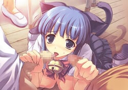 07th_expansion 1girls 2boys animal_ears bangs bell blue_hair blunt_bangs cat_ears cat_tail censored double_handjob fellatio female fur furude_rika handjob higurashi_no_naku_koro_ni hime_cut jingle_bell jinglebell kneeling long_hair male mugenkidou multiple_penises oral penis precum skirt straight tail tomose_shunsaku white_socks