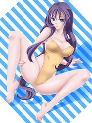 1girls arm_support bare_shoulders barefoot blue_eyes blush breasts cleavage covered_navel erect_nipples female female_only final_fantasy final_fantasy_vii large_breasts lipstick long_hair moyasi_onna one-piece_swimsuit pollensalta purple_hair sitting smile solo spread_legs strapless strapless_swimsuit striped swimsuit very_long_hair yellow_one-piece_swimsuit yellow_swimsuit