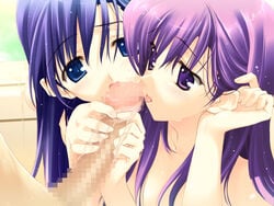 censored collaborative_fellatio cum fellatio game_cg handjob himeyuri_ruri himeyuri_sango multiple_fellatio nakamura_takeshi oral penis siblings teamwork threesome to_heart_(series) to_heart_2 to_heart_2_xrated twins