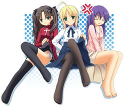 3girls aikawa_touma artoria_pendragon barefoot black_legwear black_thighhighs blonde_hair blouse blue_eyes bow brown_hair closed_eyes fate/stay_night fate_(series) feet female female_only green_eyes hairbow long_hair matou_sakura multiple_girls panties pantyhose purple_hair side-tie_panties skirt skirt_lift thighhighs tied_hair tohsaka_rin turtleneck twintails underwear white_panties