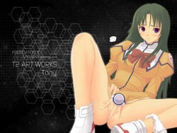 1girls female female_only fingering green_hair kayama_akira masturbation no_panties panties panties_around_leg panties_around_one_leg purple_eyes pussy_juice solo spread_legs taka_tony uchuu_no_stellvia underwear