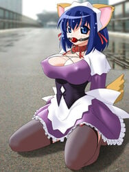 animal_ears ball_gag bondage buckle cat_ears collar delica erect_nipples gag gagged kokubunji_koyori maid nurse_witch_komugi-chan raccoon_ear solo thighhighs