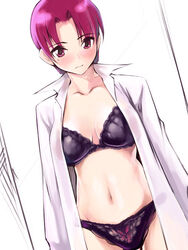 bazett_fraga_mcremitz black_panties blush bra dutch_angle fate/hollow_ataraxia fate/stay_night fate_(series) lace-trimmed_panties lingerie navel open_clothes open_shirt overcoat panties purple_eyes purple_hair shirt short_hair solo standing underwear