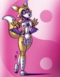 2018 alternate_color animatronic anthro arm_warmers armwear bassybefuddle black_nose bow_tie breasts canid canine clothing cosplay countershade_face countershade_torso countershading crossover crossover_cosplay digimon digimon_(cosplay) digimon_(species) digital_media_(artwork) dipstick_ears dipstick_tail eyelashes facial_markings fan_character female five_nights_at_freddy's fox genitals hands_on_hips head_markings leg_markings looking_at_viewer machine mammal markings mostly_nude multicolored_body multicolored_ears multicolored_tail nipples nude open_mouth purple_bow pussy renamon renamon_(cosplay) robot simple_background sister_location solo speaker standing teeth thigh_marking two_tone_body video_games white_body yellow_body yellow_eyes