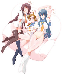 3girls black_legwear black_panties black_socks black_thighhighs bottomless breasts dress_shirt female female_only footwear kneehighs miito_shido multiple_girls necktie no_pants orange_panties original panties school_uniform seifuku serafuku shirt sitting socks thighhighs underwear unio5b white_panties