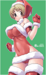 blonde_hair body_paint bodypaint breasts christmas erect_nipples false_clothes kei_jiei original painted_clothes santa_hat short_hair thighhighs underboob