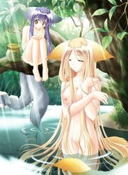 2girls animal_ear barefoot bathing blonde_hair blue_hair breasts closed_eyes dog_ear dog_tail dress feet female female_only fish fox fox_ear fox_tail fur furry_ears furry_tail high_resolution humanoid in_tree jar koma_(tail_tale) large_breasts leaf long_hair louis louis&visee mound_of_venus multiple_girls multiple_tails nature nipples nude outdoors sitting sitting_in_tree smile soro_(tail_tale) sunbeam sunlight tail tail_tale tree very_long_hair wading water yellow_eyes