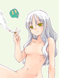 1girls breasts caren_ortensia cigarette fate/hollow_ataraxia fate/stay_night fate_(series) female green_eyes lowres misaki_kozue nude silver_hair smoking solo type-moon