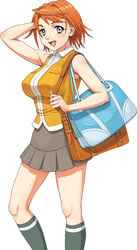 adjusting_hair bag clothing footwear legs mai_hime my-hime nigou orange_hair pleated_skirt purple_eyes school_uniform serafuku short_hair skirt small_breasts socks solo tokiha_mai triple_break