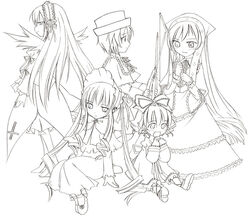 5girls ankle_ribbon arm_support artist_request blush bonnet capelet cross dress drill_hair eating everyone female female_only fishing_rod flower full_body hairband happy hat hinaichigo long_hair looking_at_viewer looking_back looking_down looking_up monochrome multiple_girls profile rose rozen_maiden scissors shinku short_hair simple_background sitting souseiseki standing suigintou suiseiseki tied_hair top_hat twintails very_long_hair wings