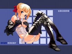 armor black_armor blonde_hair blue_eyes breasts corset covering covering_breasts garter_belt lingerie matsuryuu medieval_armour panties thighhighs underwear