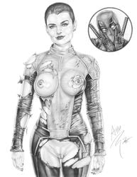 actress armando_huerta bodysuit breasts brianna_hildebrand celebrity deadpool deadpool_(film) ellie_phimister katana large_breasts marvel mask monochrome negasonic_teenage_warhead nipples pussy short_hair superheroine torn_clothes vagina wade_wilson weapon weapons x-men