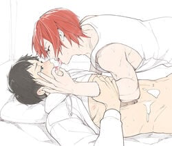 2boys abs blush bottomless cum cum_in_mouth cum_on_body drooling free! megumi-square multiple_boys muscle naughty_face open_mouth pecs rin_matsuoka saliva sosuke_yamazaki straddling sweat tagme teeth tongue tongue_out yaoi